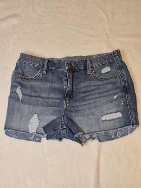 aerie Medium Blue Distressed Denim Shorties with Bandana Trim